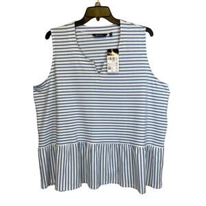 NWT Ulla Popken Blue Striped Peplum Hem Top Women Plus Sz 24/26 Cotton Stretch